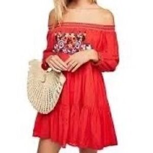 Free‎ People Smocked Mini Dress Embroidered Tiered Long Sleeve Red Boho Size M